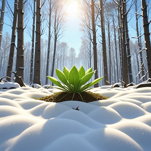 在森林里，有一颗小种子躺在厚厚的雪被下，处于休眠状态，等待春天的温暖将它唤醒。随着雪的融化，阳光的照射越来越强烈，种子慢慢打破了它的休眠状态，开始发芽，最终长成了一朵美丽的花。