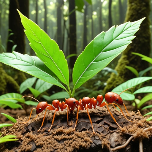 在茂密的热带雨林中，切叶蚁不知疲倦地精确切割叶子。这些叶子并非它们自己食用，而是用来培养一个特殊的真菌园。每只蚂蚁都有自己的角色，从切叶者到搬运者，确保整个蚁群的生存。与真菌的共生关系是它们成功的关键，使得切叶蚁成为自然界的一个奇迹。