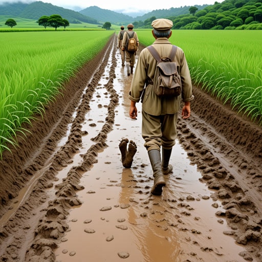 从前，有一个名叫约翰的农夫。他的田地在暴雨后总是泥泞不堪。一天，一群旅行者请求穿过他的泥泞田地。约翰同意了，但警告他们要小心。他们行走时，鞋子沾满了泥，到处留下了泥泞的脚印。约翰意识到，泥泞的田地不仅使行走困难，还吸引了更多的泥到这个区域。