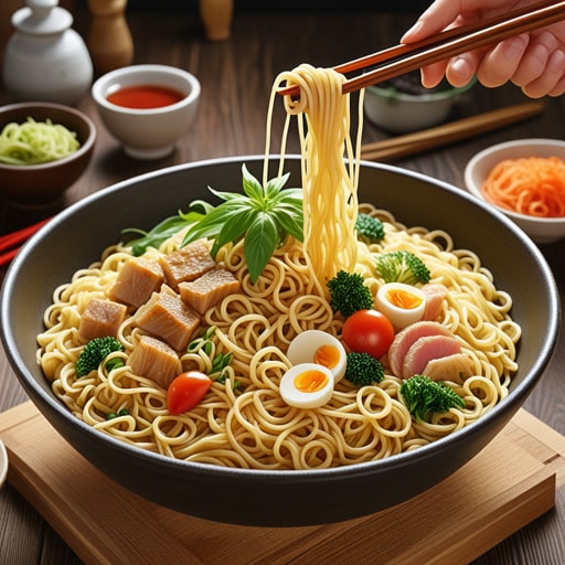 从前，有一位名叫Noodle的厨师。他喜欢制作各种面条。一天，他发明了一种既美味又营养的新面条。镇上的人们都来品尝他的创作，Noodle因此以他的面条而闻名。