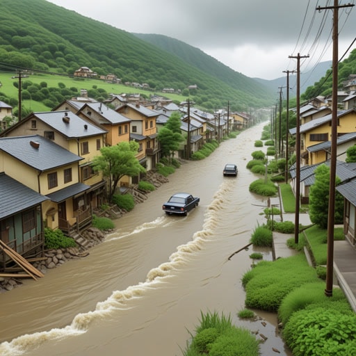 在一个小镇上，一场大暴雨导致山上的大量水流溢出。这些径流淹没了街道，促使镇上的人们齐心协力管理水流。通过他们迅速的行动，成功地将径流引导到附近的湖泊，防止了进一步的损害。