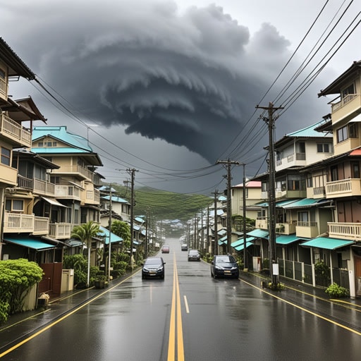 在盛夏时节，一个名为泰拉的台风逼近了岛屿。居民们迅速为风暴做准备，封住窗户并储备物资。当泰拉来袭时，风声呼啸，大雨倾盆，但准备工作做得很好。第二天，天空放晴，岛民们为他们的迅速行动感到庆幸，这些行动保护了他们的家园免受严重破坏。